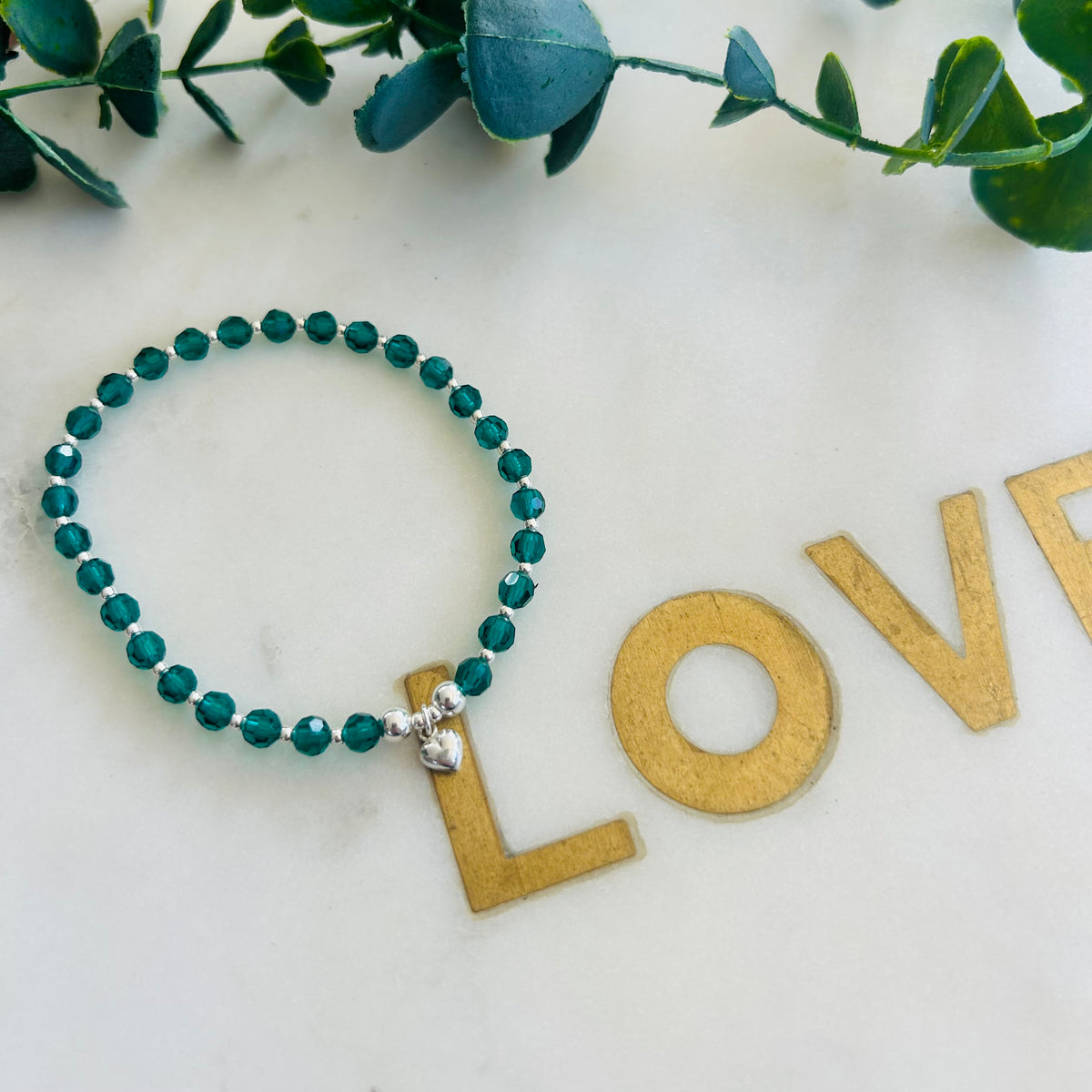 2mm & Emerald Green Crystal Combination Bracelet - Sterling Silver