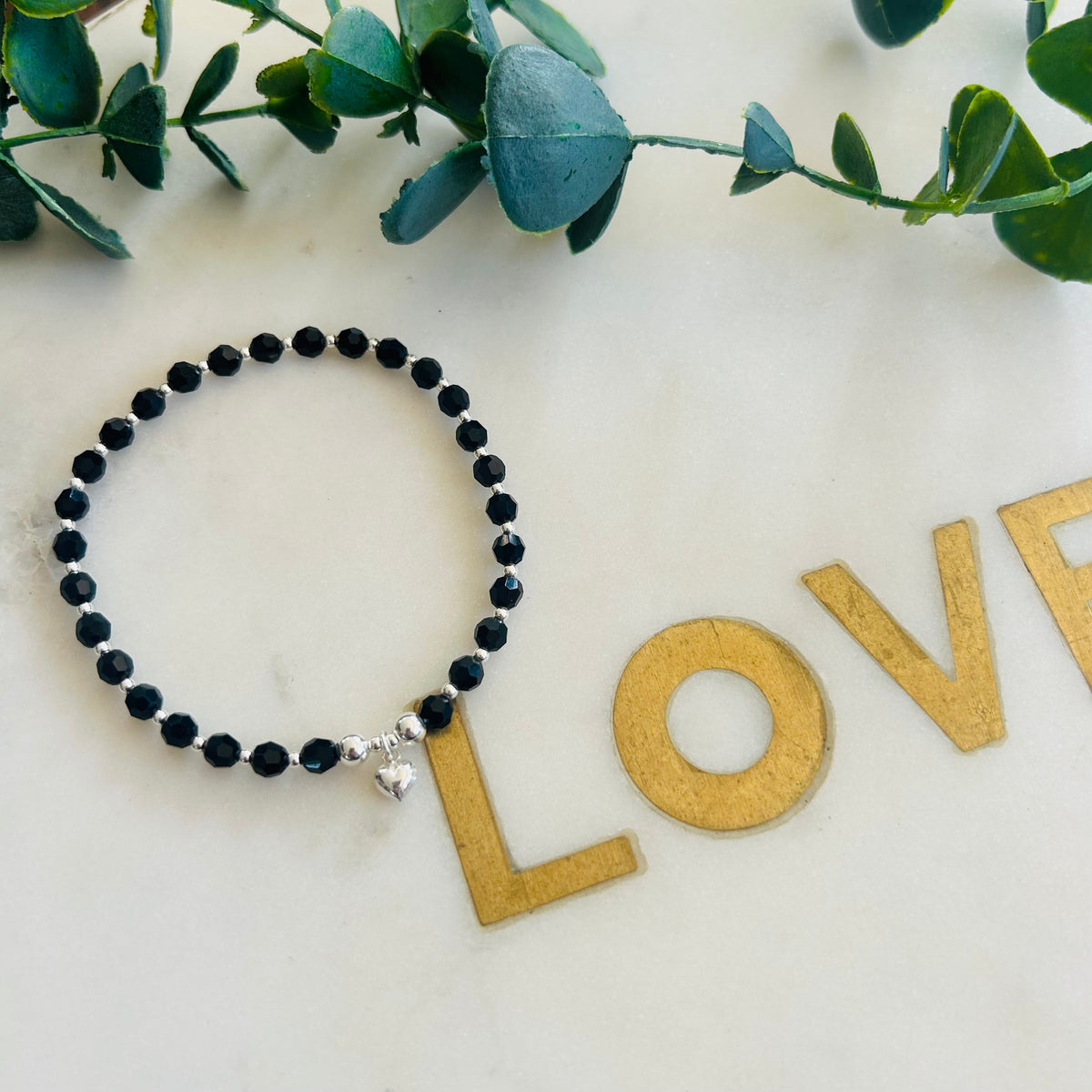2mm & Black Crystal Combination Bracelet - Sterling Silver