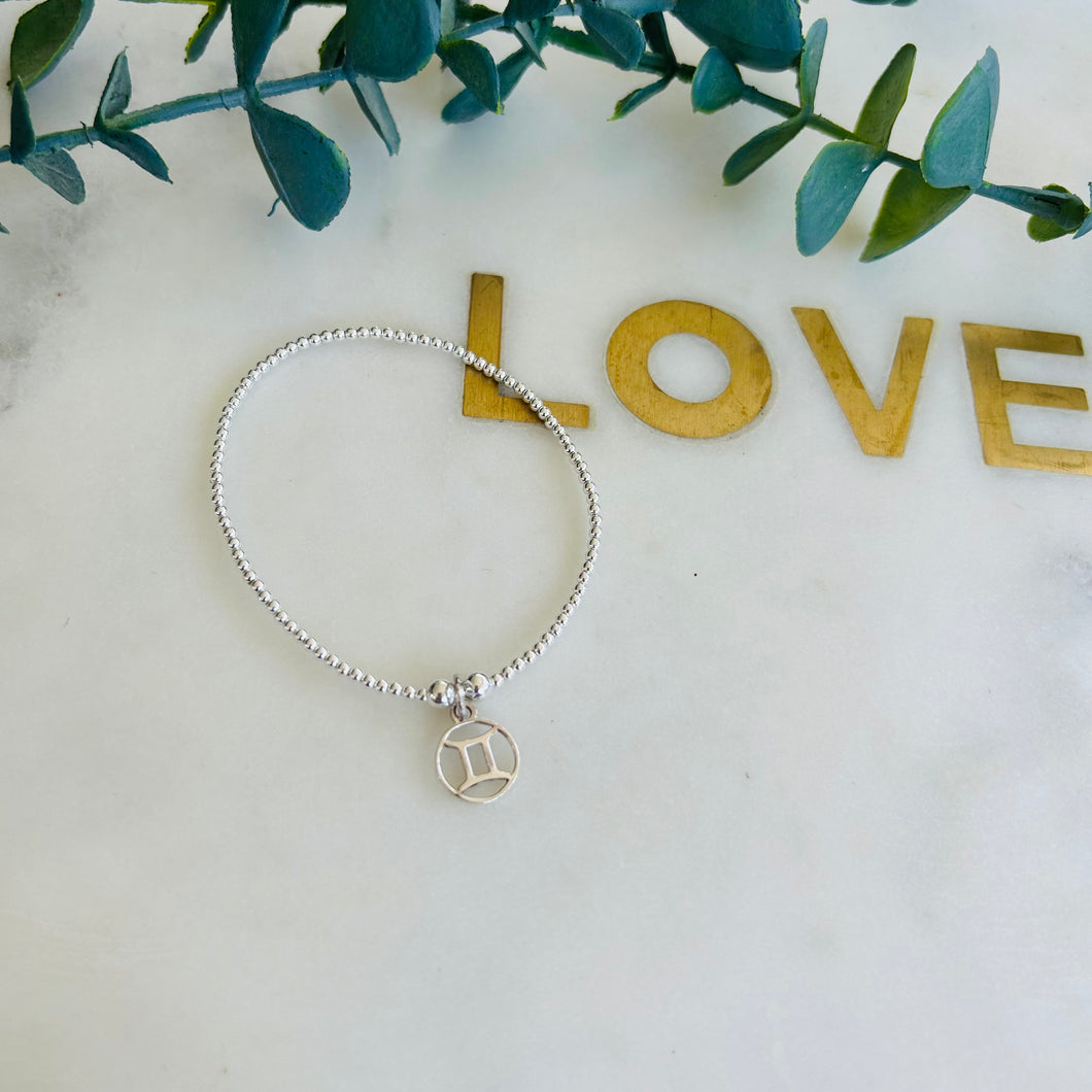 2mm Sterling Silver & Gemini Symbol Bracelet