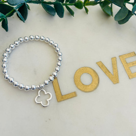 6mm & Four Leaf Clover Cur Out Bracelet - Sterling Silver