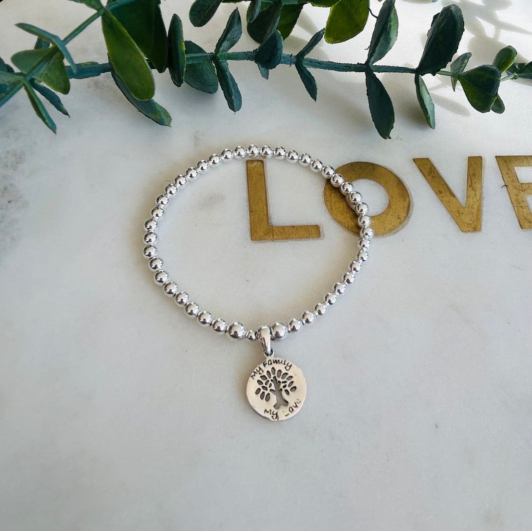 4mm Sterling Silver & Tree of Life (My Family My Love) Bracelet