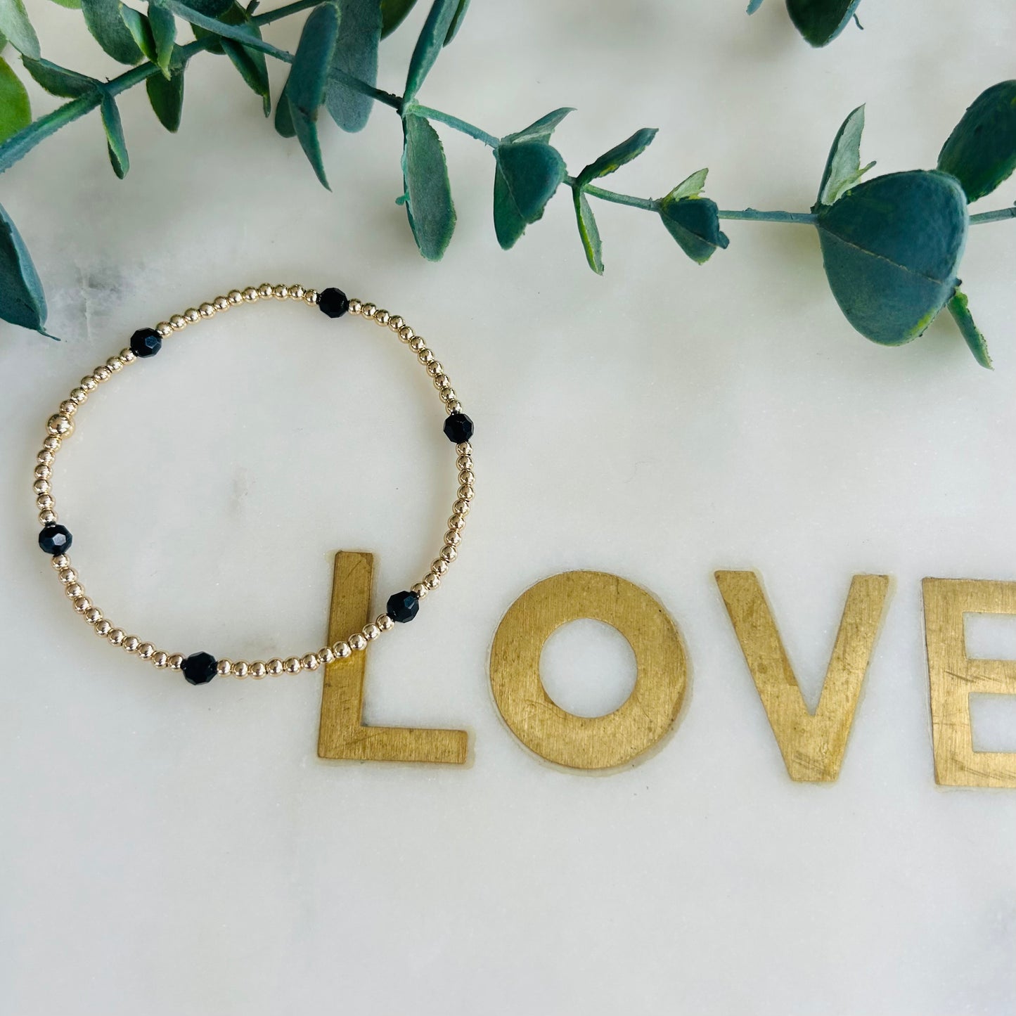 14ct 2.5mm & 1 Black Crystal Combination Bracelet - Gold Filled