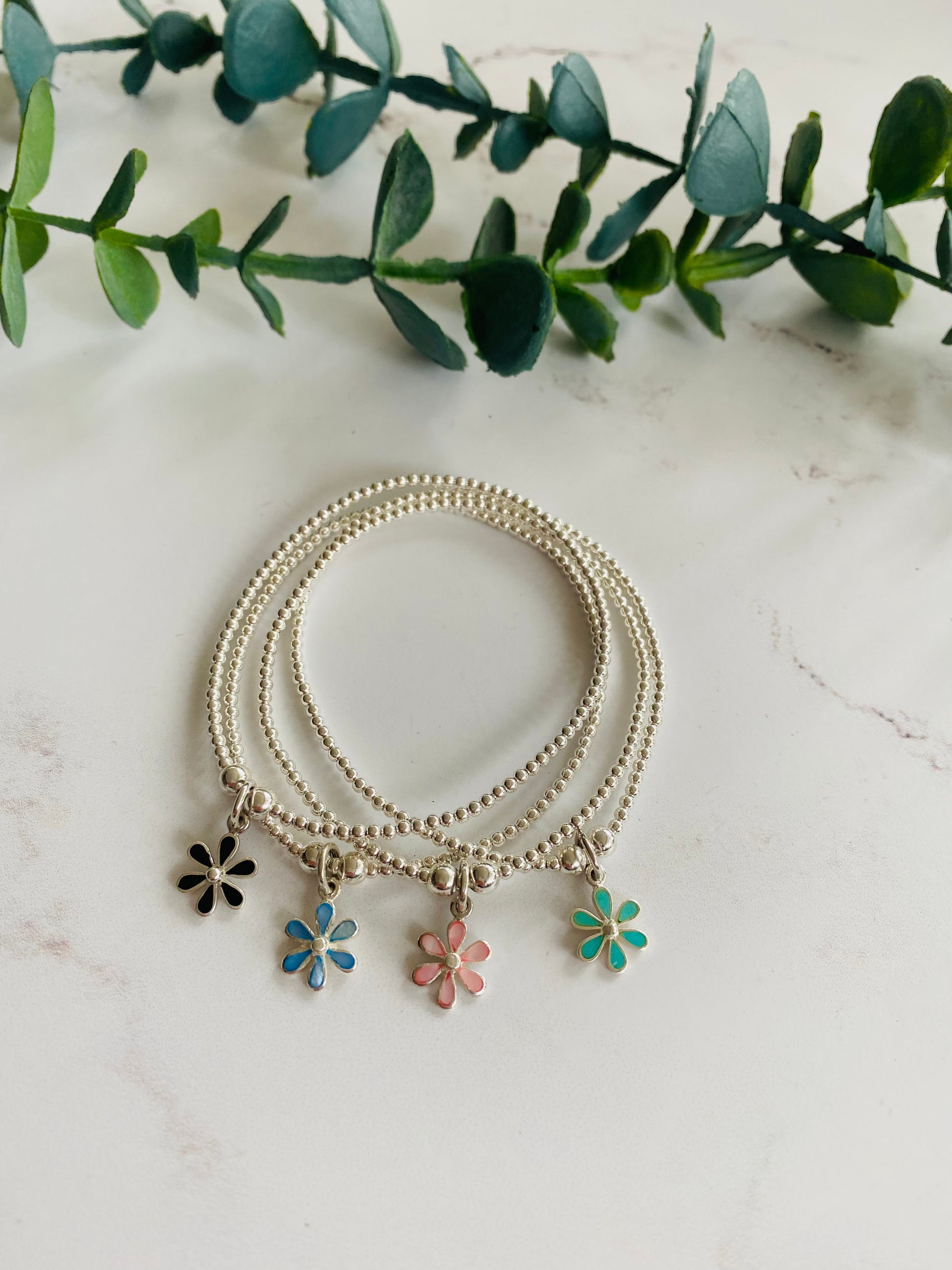 2mm & Coloured Dainty Flower Bracelet - Sterling Silver