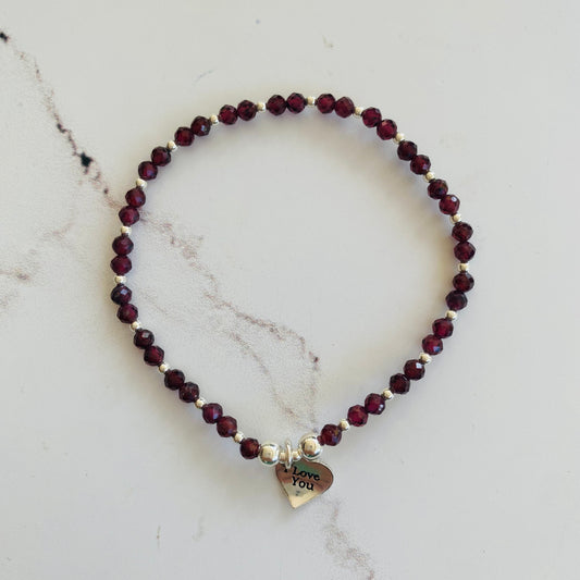 2mm & Garnet I Love You Heart Bracelet - Sterling Silver