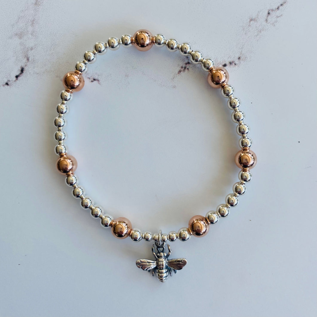 4mm Sterling Silver & 6mm Rose Gold Bee Bracelet