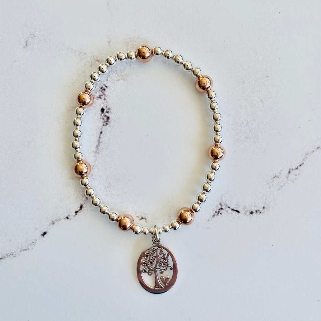 4mm Sterling Silver & 6mm Rose Gold Tree of Life Bracelet