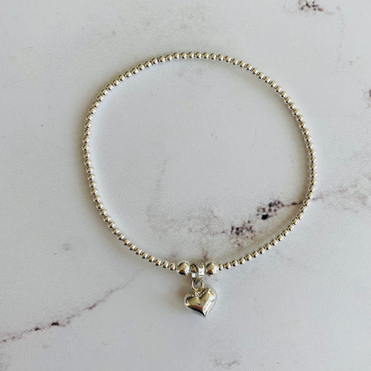 2mm & Puff Heart Bracelet - Sterling Silver