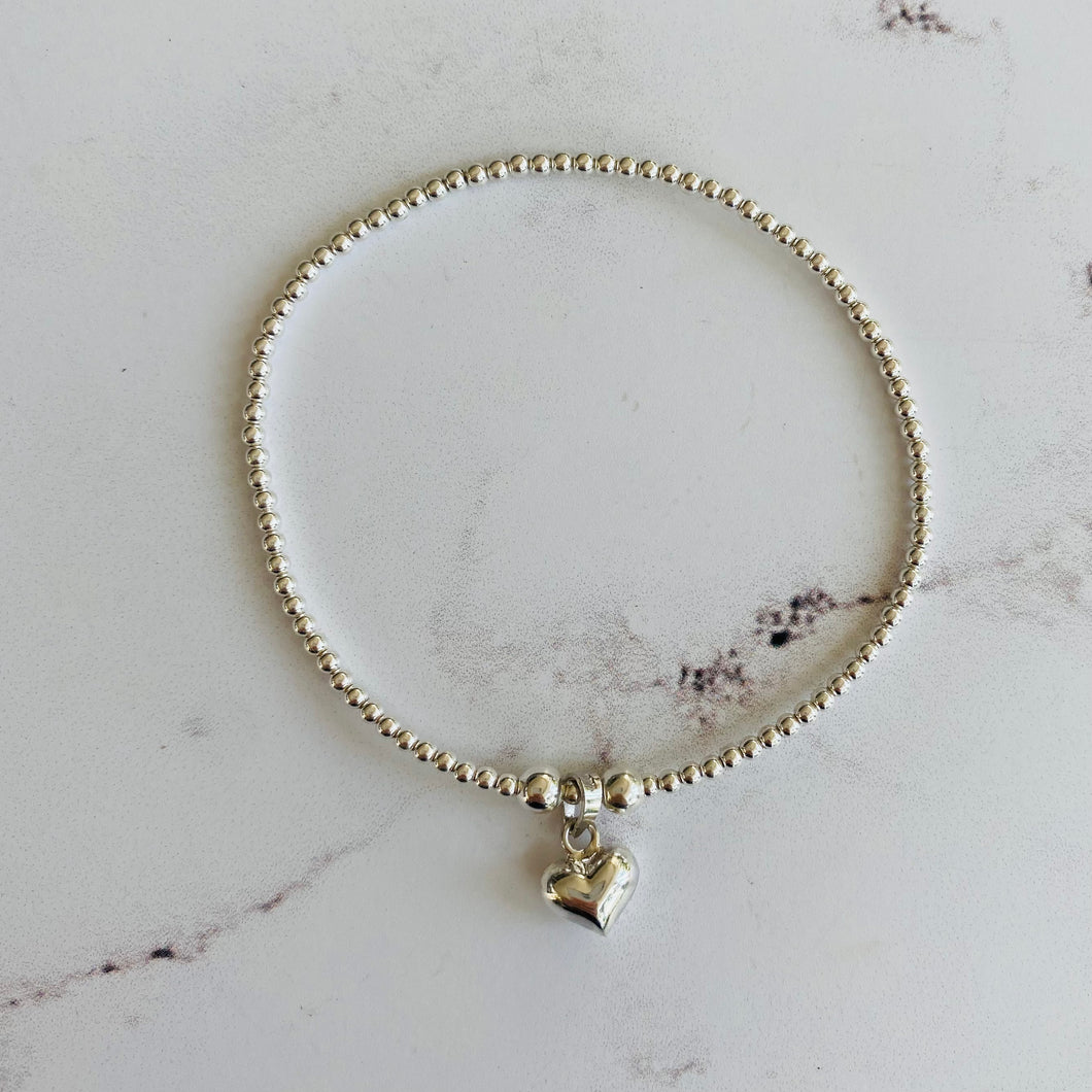 2mm Sterling Silver & Puff Heart Bracelet