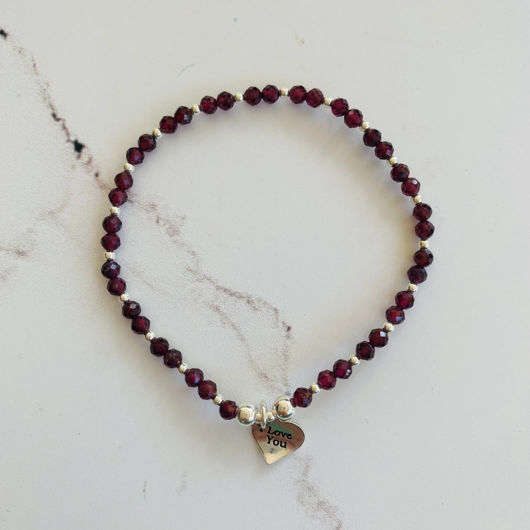 2mm Sterling Silver & Garnet I Love You Heart Bracelet