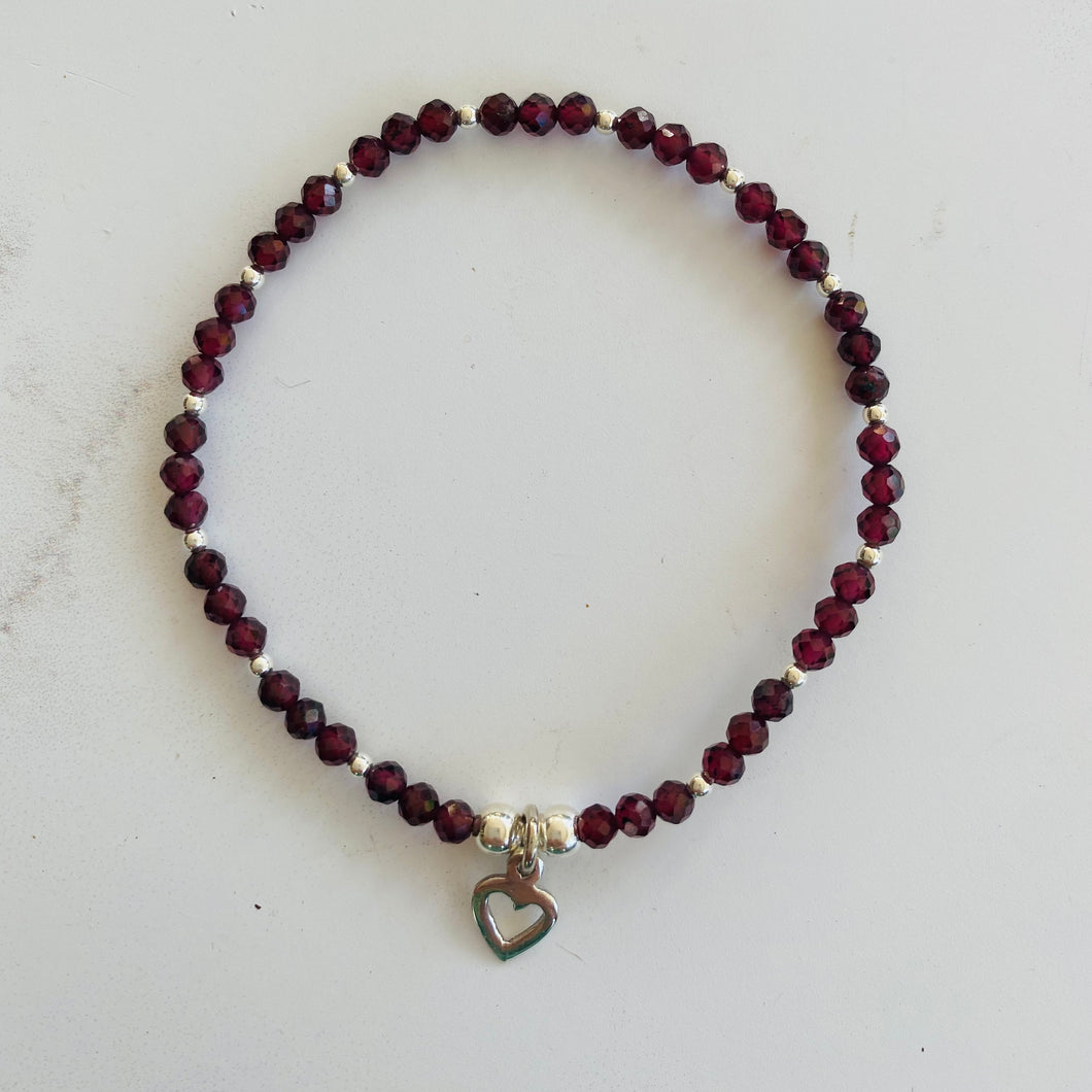 2mm Sterling Silver & Garnet Heart Bracelet