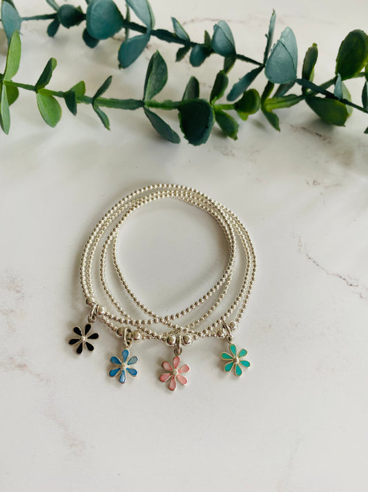 2mm & Coloured Dainty Flower Bracelet - Sterling Silver